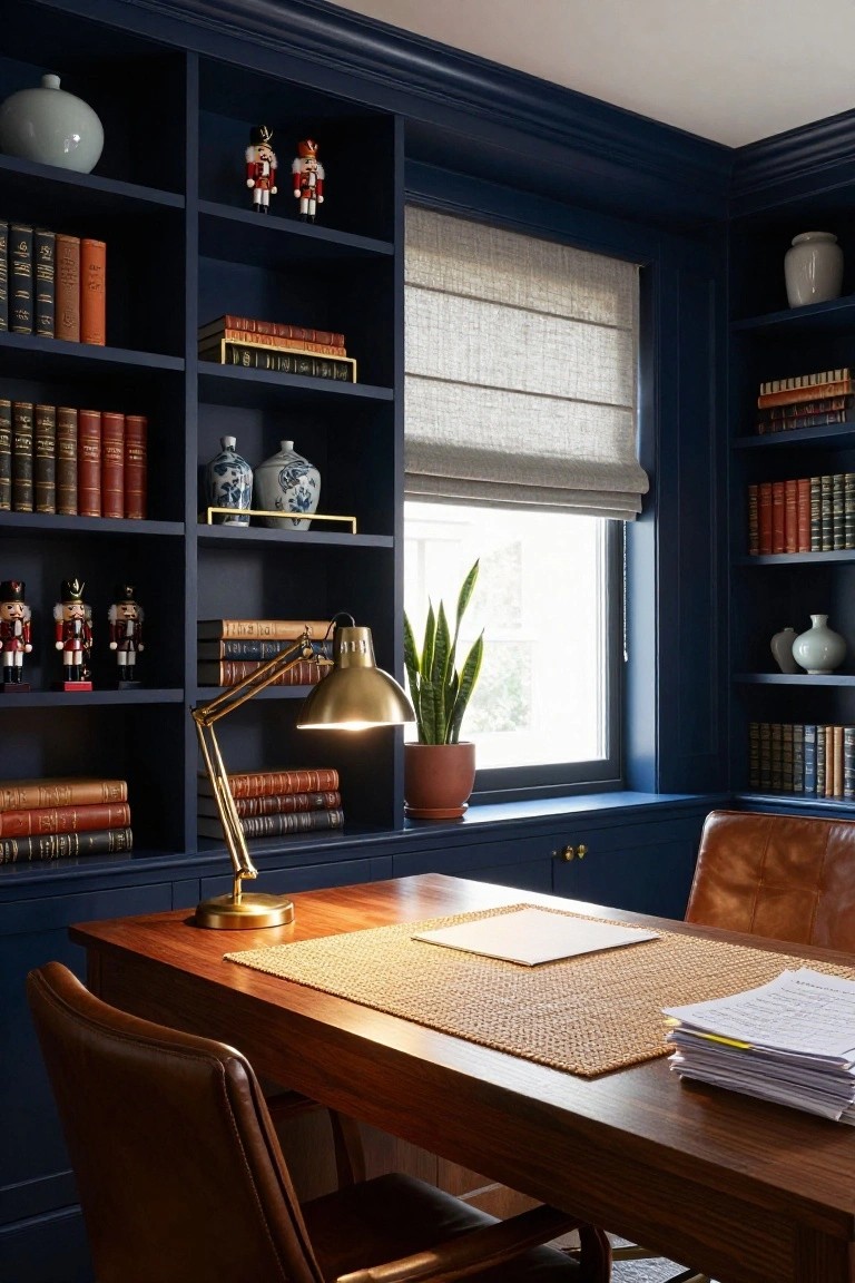 Navy blue bookshelves in a study filled with leather-bound books, porcelain vases, nutcracker figurines, and a wooden desk with leather chairs, brass lamp, and potted plant by the window.