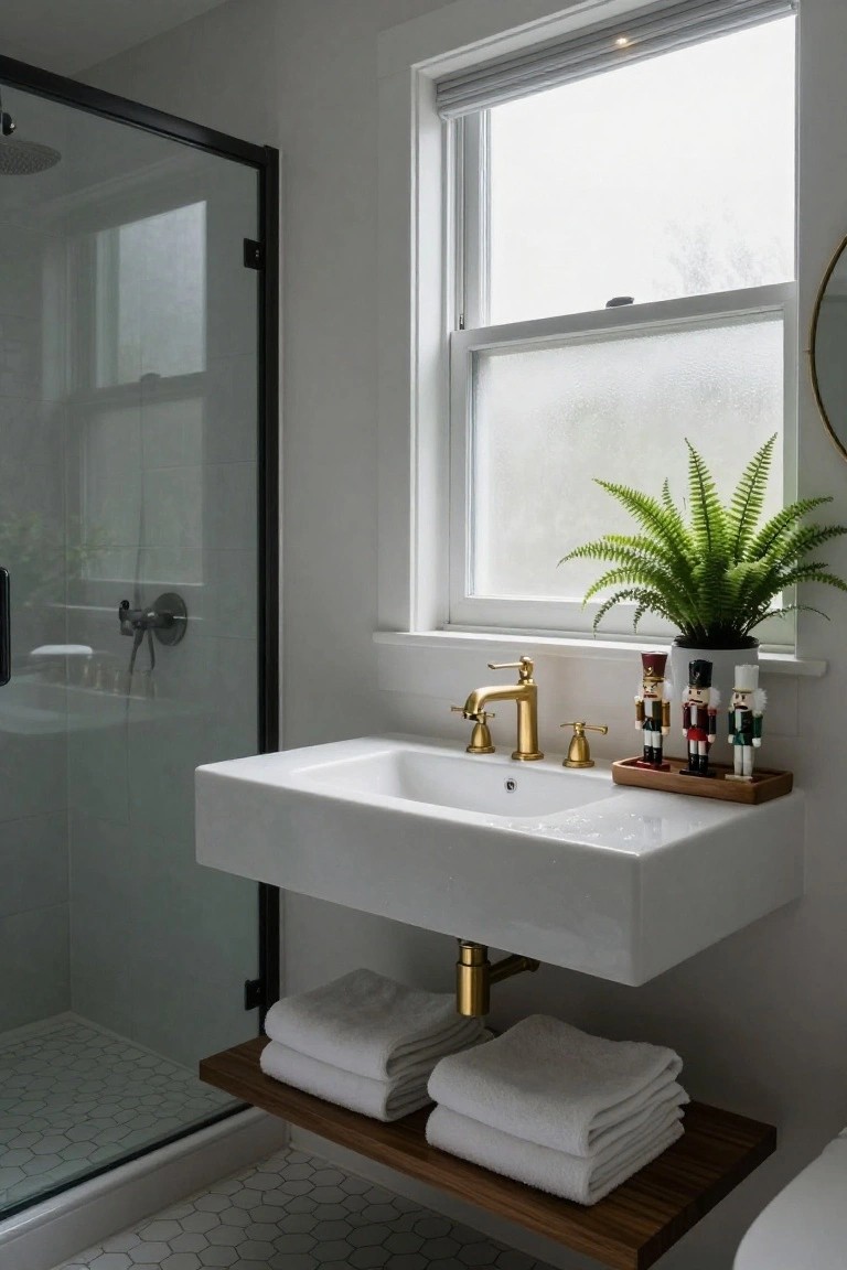 Modern white bathroom vanity with gold faucet, wooden tray holding three nutcracker figures, potted fern on windowsill, and stacked white towels on wooden shelf below.