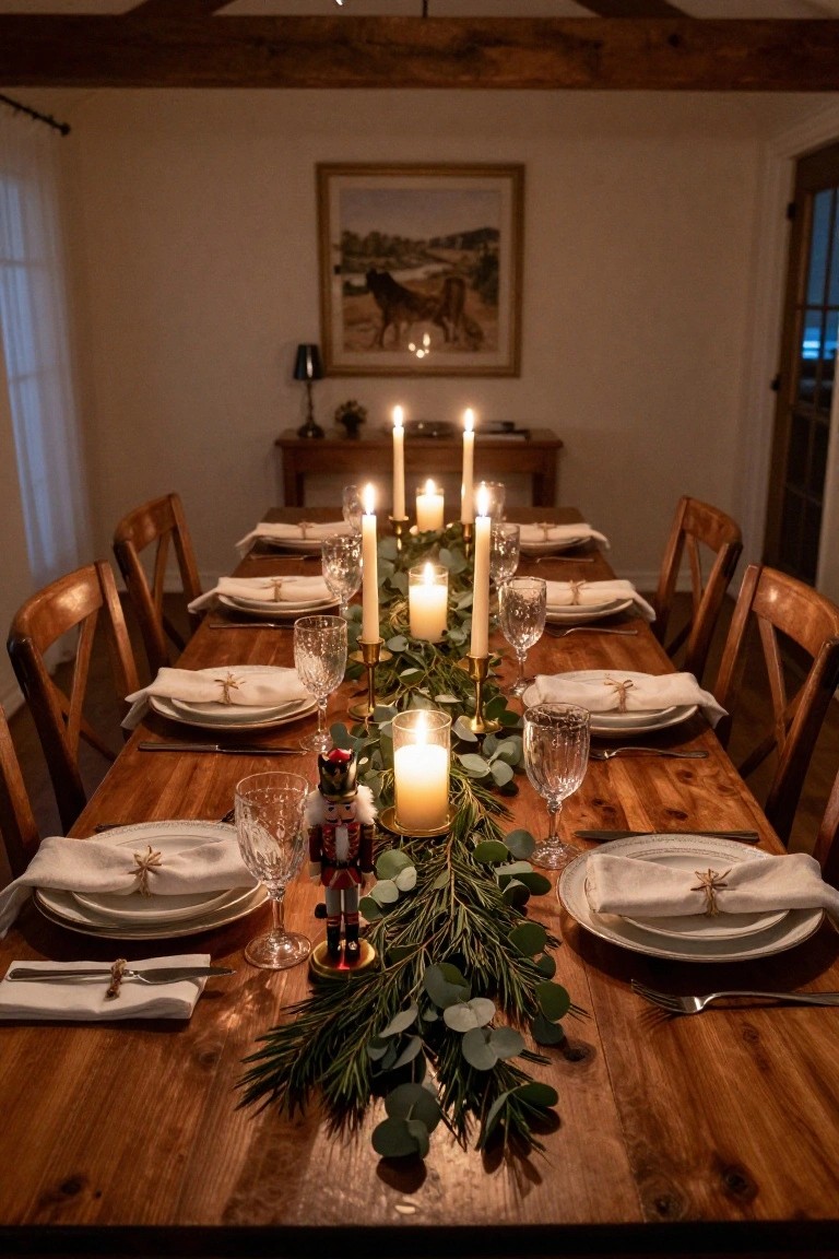 A long wooden dining table in a warmly lit room set for Christmas dinner with white plates, wine glasses, pillar candles, eucalyptus garland, pine branches, and small nutcracker figures as centerpieces, flanked by wooden chairs.