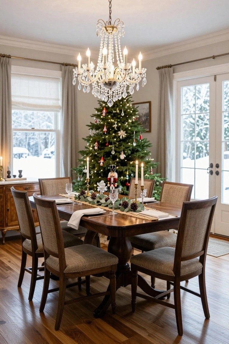 Dining room interior with a decorated Christmas tree, crystal chandelier overhead, wooden table set with white dishes, nutcracker figures, candles, pinecones, and greenery, large windows showing snowy outdoors.