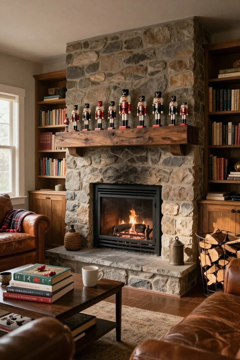 Cozy living room with stone fireplace, wooden mantel holding a row of nutcracker figures, built-in bookshelves on both sides, leather armchairs, plaid throw, coffee table with books, and firewood basket.