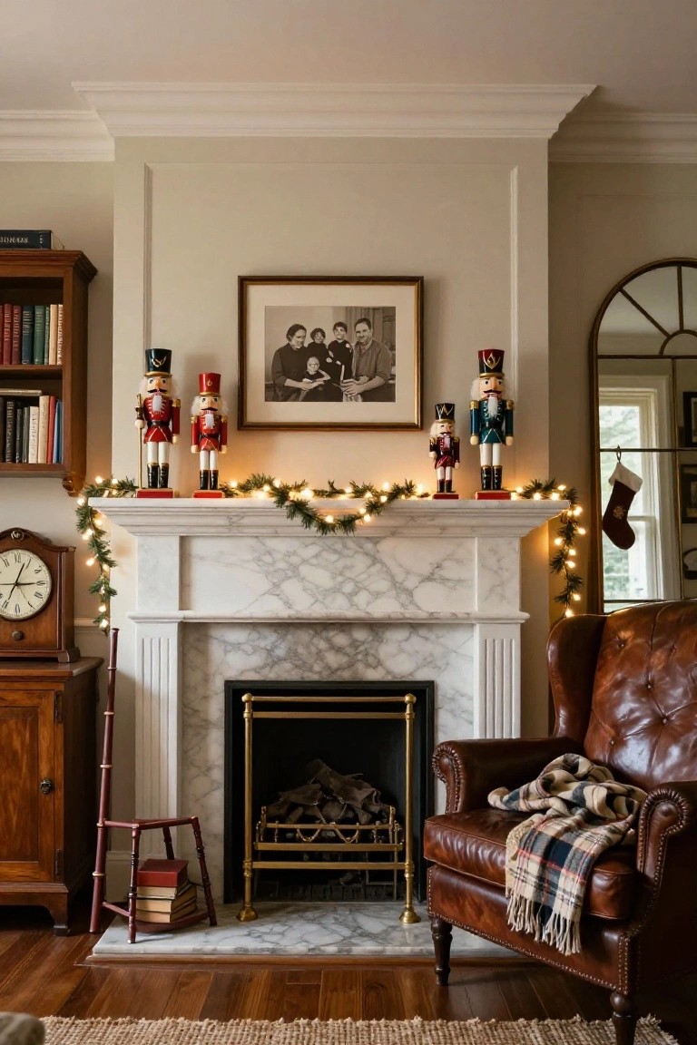 Cozy living room featuring a marble fireplace mantel with two tall nutcracker soldiers at each end, evergreen garland and string lights draped across, bookshelves to the left, armchair to the right, and a clock nearby.