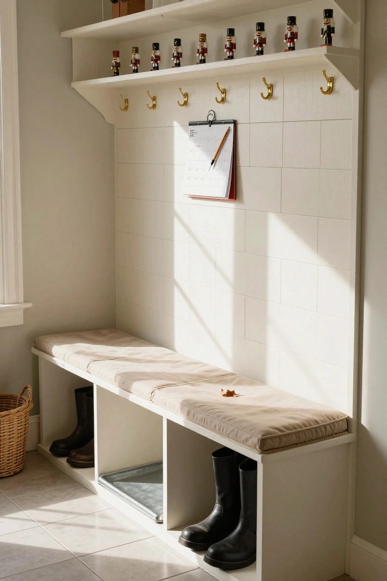 White mudroom featuring a top shelf lined with nutcracker figurines, gold coat hooks on tiled wall with clipboard, cushioned bench, boot storage cubbies holding black boots and dog bowl, and wicker basket on floor.