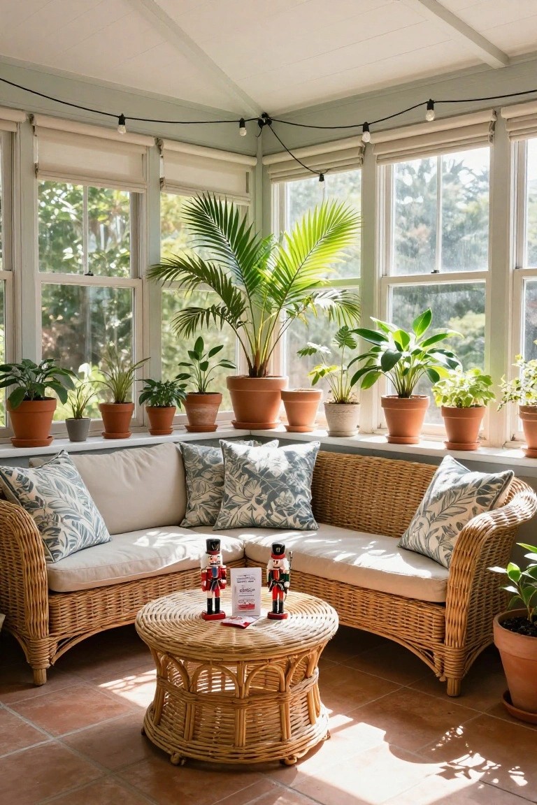 Sunroom corner with wicker sofa and round coffee table holding two standing nutcracker figures, potted plants on windowsills and floor, large windows with greenery outside