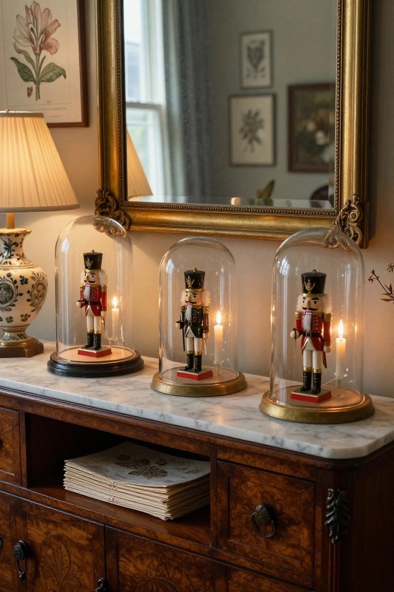 Three nutcracker figures in red and black uniforms stand under separate glass domes on gold bases atop a marble console table next to a wood cabinet, with a lamp, vase, and gold-framed mirror nearby.