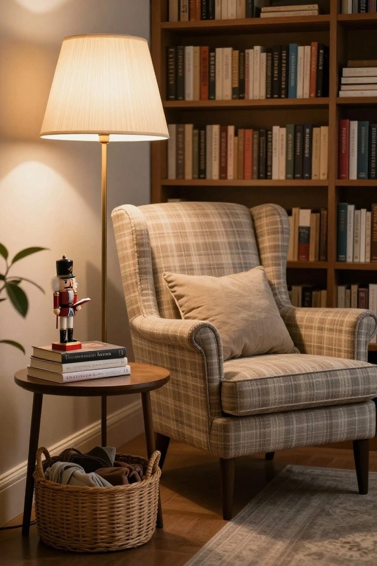 Wooden nutcracker soldier figurine on a stack of books atop a round wooden side table next to a plaid armchair in a bookshelf-filled room, with a floor lamp and woven basket nearby.
