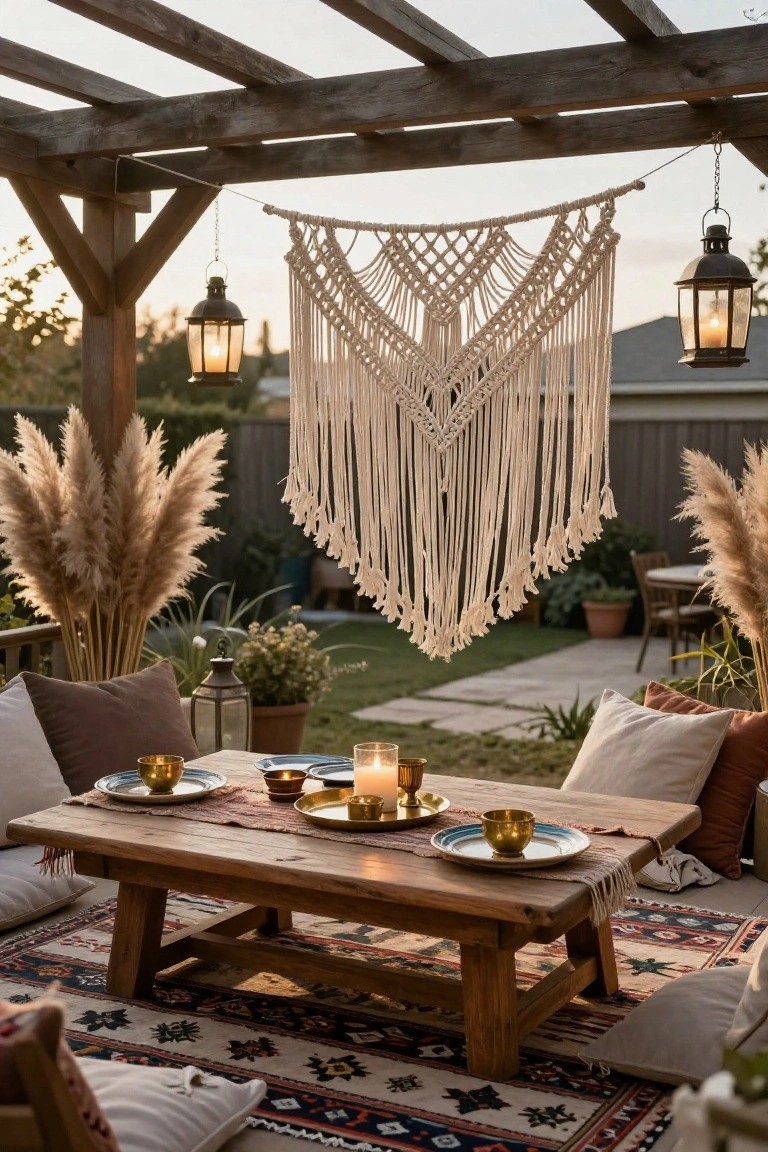 Outdoor seating area under wooden pergola with white macrame wall hanging, pampas grass, low wooden table set with plates, gold cups, candles, floor cushions, plants, and hanging lanterns at dusk.