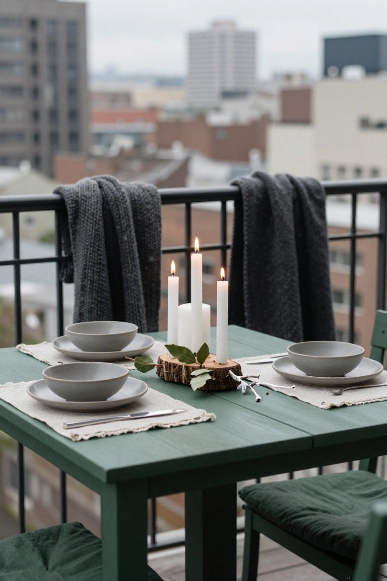 Green wooden table on a balcony set for dining with gray bowls and plates on linen placemats, white candles on a wooden base with greens and branches, knives and forks, gray blankets draped over the black railing, green cushioned chairs, and city buildings in the background.