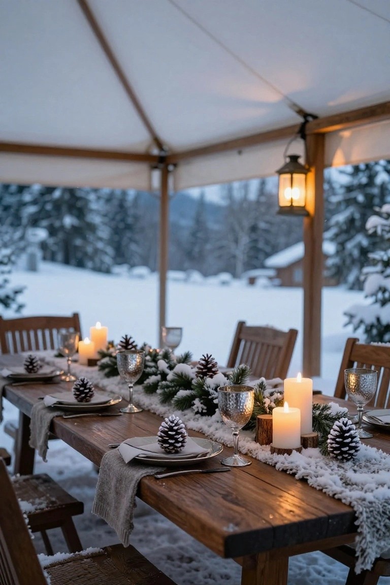 Wooden dining table set with plates, wine glasses, pinecones, candles, and garlands of pine branches and faux snow under a white canvas tent in a snowy outdoor landscape with trees and lanterns.