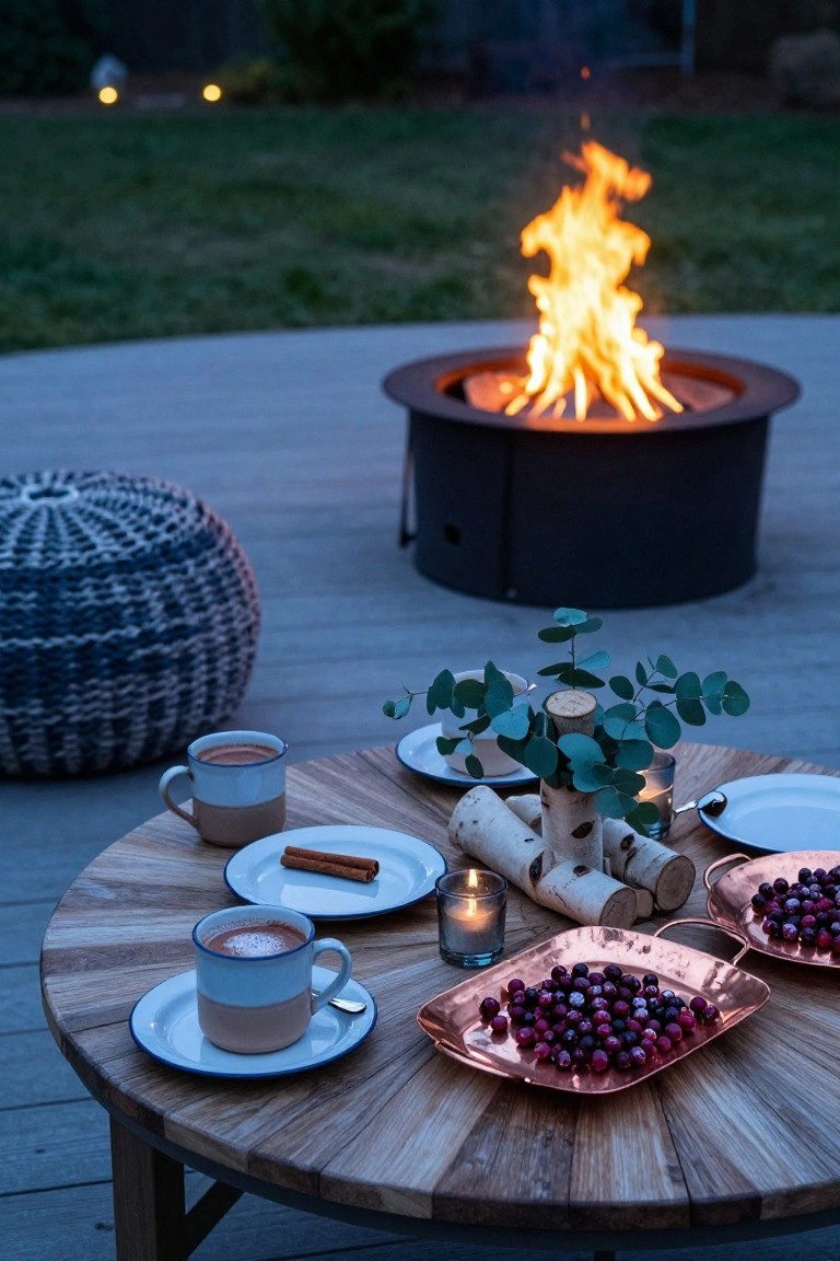 Round wooden table on a deck near a black circular fire pit with flames at dusk, set with white plates, ceramic mugs of hot cocoa, cinnamon sticks, eucalyptus in birch log vase, glass candle, and lingonberries in two copper dishes, woven blue pouf chairs nearby.