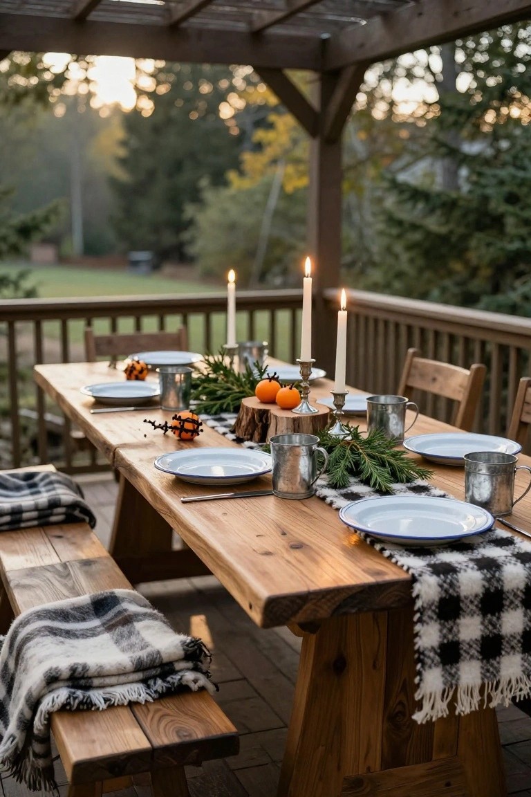 Wooden farm-style dining table and benches on a deck under a pergola, set for Christmas with black-and-white plaid runner and throws, white plates, galvanized tin mugs and cups, pillar candles, pine branches, oranges, and small orange decorations.