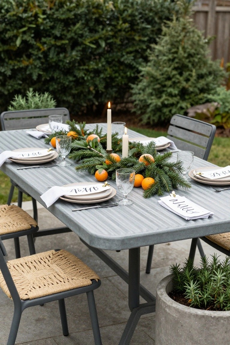 Outdoor rectangular metal table set with white plates, napkins, and glassware, featuring a centerpiece of fir branches, oranges, and two white candles, with woven chairs around it on a patio near greenery and plants.