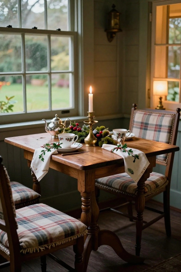 Cozy wooden table set with candle, holly runner, teacups, and plaid chairs.