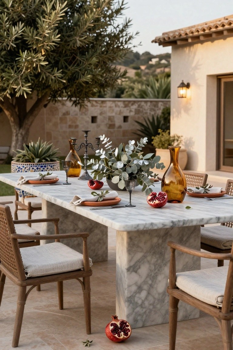 Outdoor marble dining table set for a meal with terracotta plates, scattered pomegranates, eucalyptus branches in vases, glassware, and candelabras on a terrace with stone walls, olive tree, and agave plants nearby.