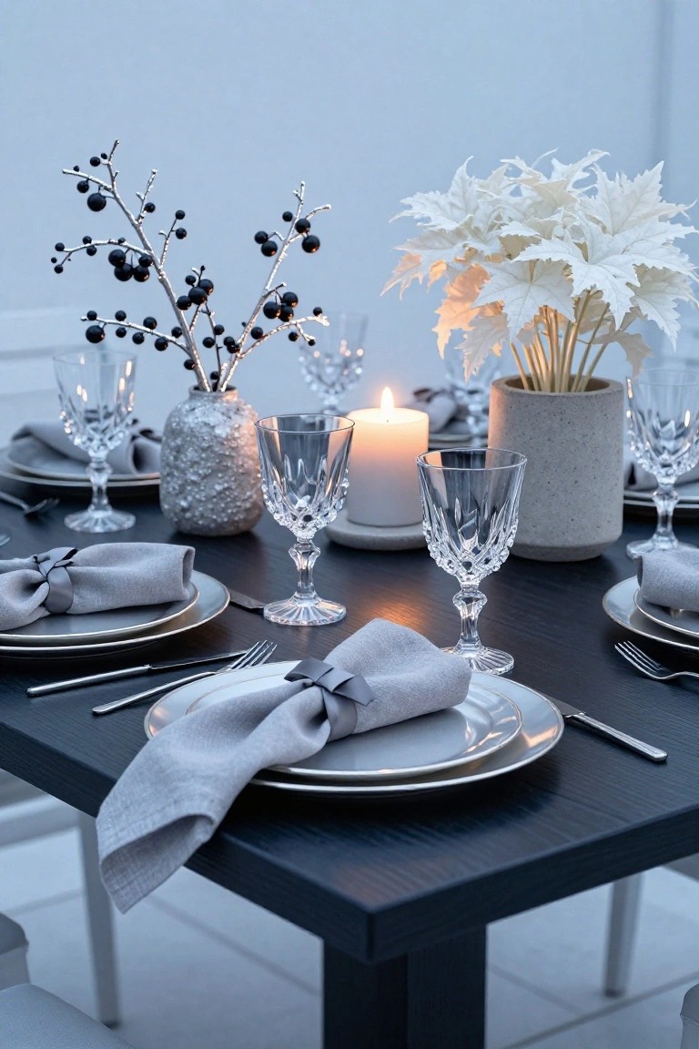 Close-up of an outdoor dining table on dark wood with grey linen napkins tied in bows, crystal stemware, white artificial leaves in a concrete pot, silver branches with black berries, pillar candles, and neutral plates.