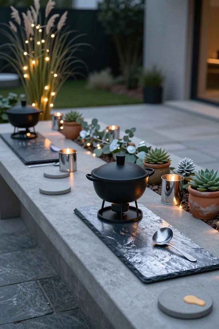 Outdoor concrete bench on a patio set with two black fondue pots on metal stands over tealights, slate serving boards, metal candle holders, terracotta pots with succulents and eucalyptus, fairy lights, and pampas grass at dusk beside a modern house.