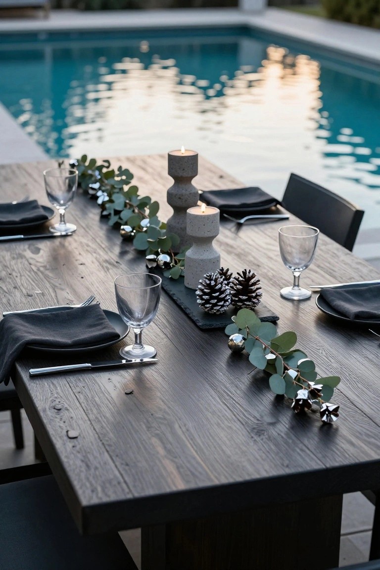Outdoor rustic wooden dining table decorated for Christmas with eucalyptus garland, pinecones, silver bells, concrete candles, wine glasses, black napkins, and plates beside a turquoise swimming pool at dusk.