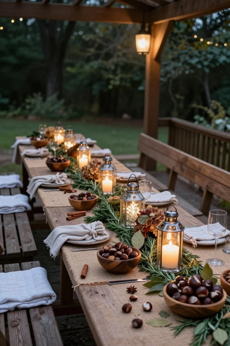 Long wooden table under wooden pergola set for outdoor dining with central rosemary garland runner, wooden bowls of chestnuts and nuts, multiple metal lanterns with candles, glasses, plates, and string lights in garden at dusk.