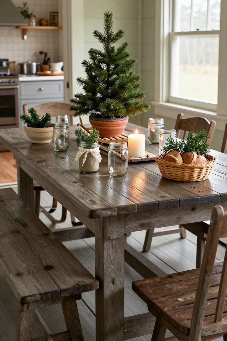 Rustic wooden dining table in a light green kitchen, decorated with mason jars of evergreen sprigs, a lit white candle, basket of bread rolls, small potted Christmas tree, and wooden chairs and benches.