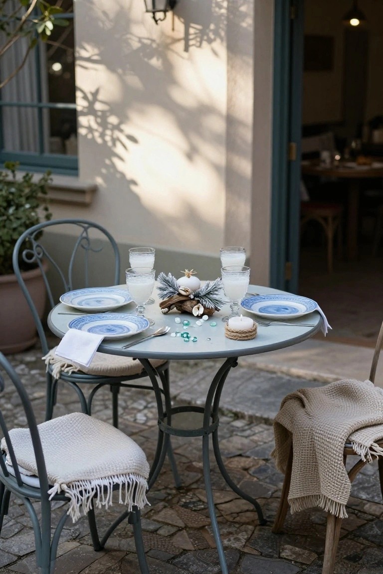 Round green metal table on stone patio set with blue plates, glasses of milk, shell and pine twig centerpiece with candles, surrounded by iron chairs with beige cushions, potted plant nearby, open door to house in background.