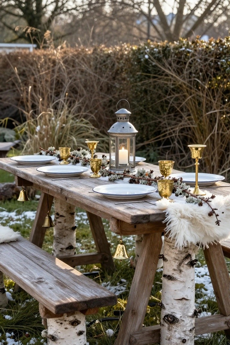 Wooden picnic table and bench with birch trunk legs in a snowy garden, set with white plates, gold goblets and candlesticks, fur throw, berry branches, and a lit lantern.
