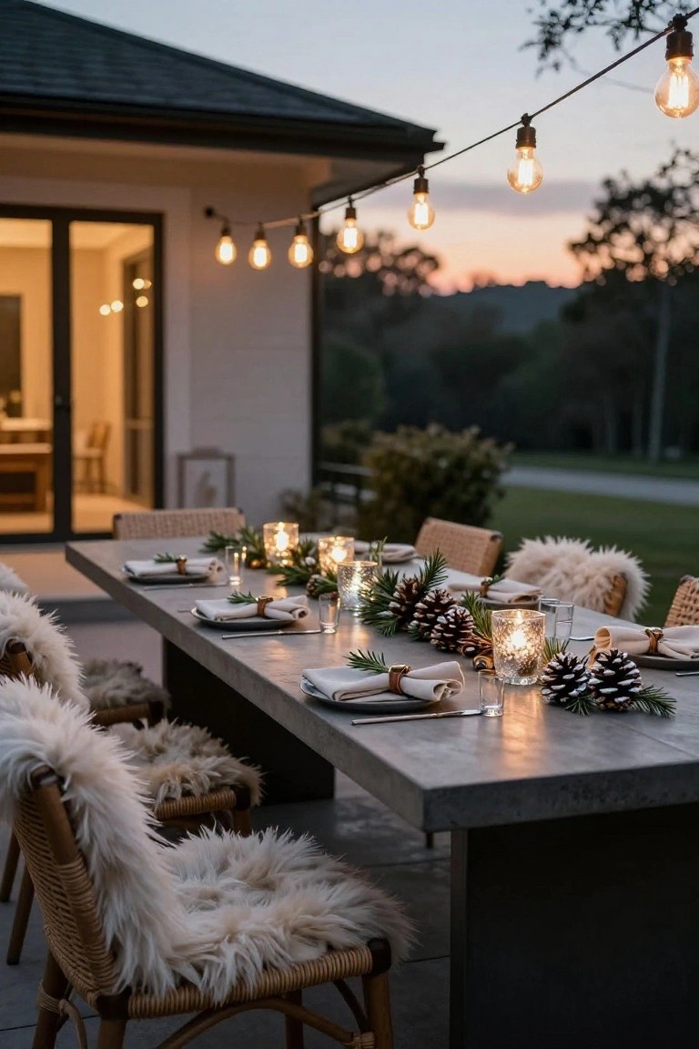Outdoor concrete dining table on a patio set for Christmas with a centerpiece of pine branches, pinecones, and glass candles, linen napkins tied with greens, rattan chairs with sheepskin throws, string lights overhead, and house visible in the background at dusk.