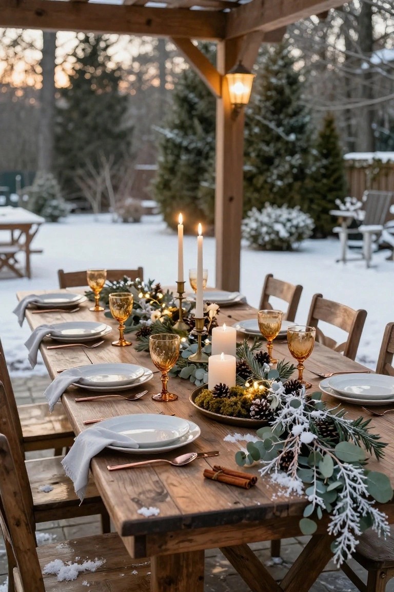 Wooden dining table under a snowy pergola, set with white plates, copper flatware, amber glasses, multiple white candles, and a centerpiece garland of evergreen branches, pinecones, moss, and eucalyptus in a winter backyard with trees and lanterns.