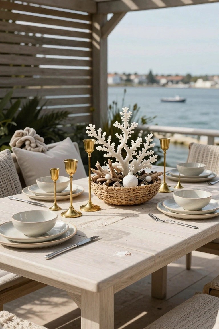 Outdoor wooden table set with white plates, bowls, gold candlesticks of varying heights, and a central woven basket holding white coral, shells, driftwood, and white ornaments, on a deck overlooking water.