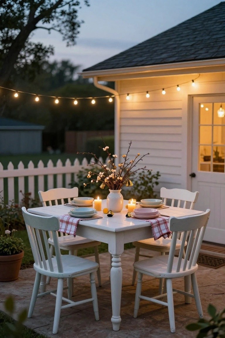Patio table on pavers set for four with white plates, pink and beige bowls, checkered napkins, candles, white vase of branches and gold bells, string lights overhead, white shed with lit windows behind, picket fence and plants around, evening sky.
