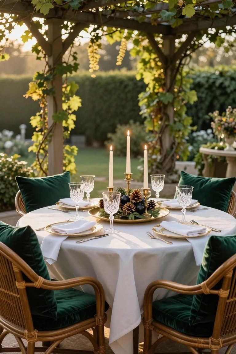 Round outdoor table set for dinner under wooden pergola covered in green vines and grapes, with white tablecloth, gold-rimmed plates and charger, crystal wine glasses, pinecone and evergreen centerpiece on gold tray with brass candlesticks, emerald green velvet cushions on wicker chairs.