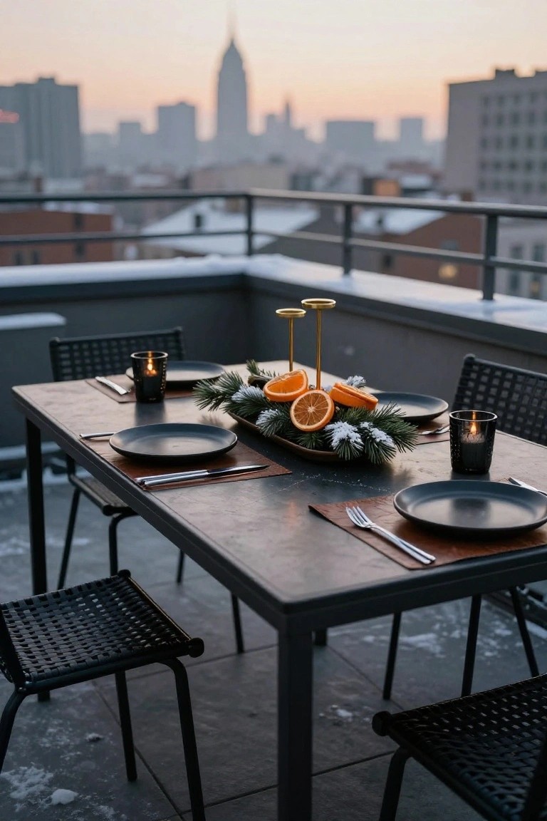 Rooftop terrace dining table with black plates, leather placemats, gold candlesticks, black glass votives, and a rectangular tray centerpiece of sliced oranges garnished with frosted pine branches and snow, viewed against a snowy balcony railing and city skyline at dusk.