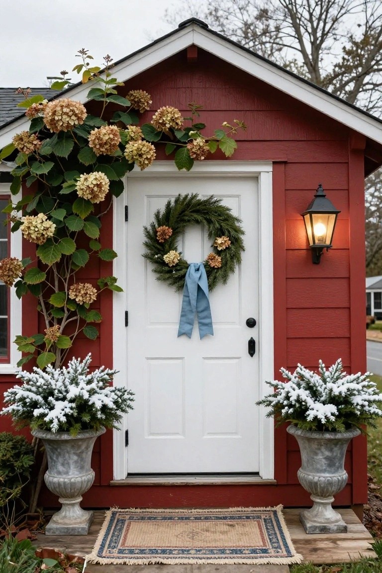 White clapboard shed exterior with green paneled door decorated by birch bark, pinecone, and evergreen wreath, potted small fir tree to the left, wooden bench with plaid blanket and copper lantern on the porch steps.