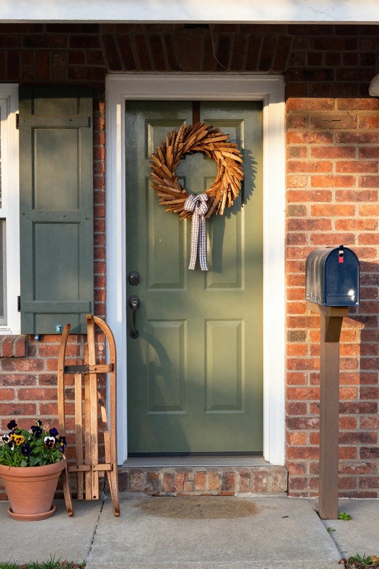Modern building entrance featuring a large black olive leaf wreath on a glass door, with a potted slim evergreen tree and concrete bench nearby.