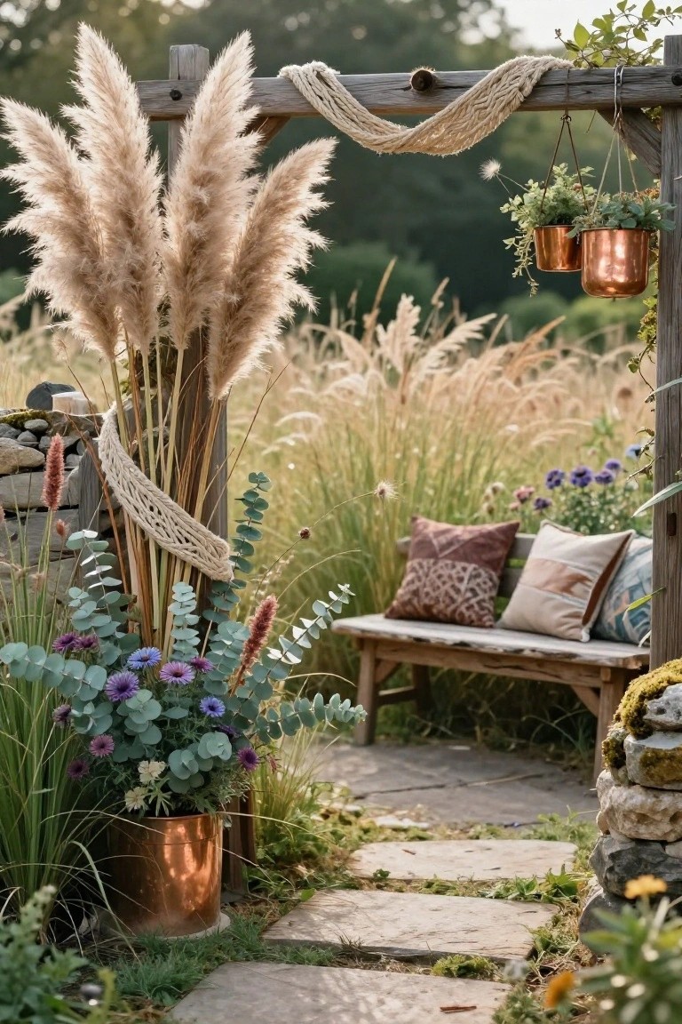 Pale green front door on a light green house exterior decorated with a wreath of cinnamon sticks and dried orange slices tied with a red and white checked bow, a wooden window box filled with colorful pansies and string lights, black mailbox on a post, potted pansies, and a wooden shovel leaning nearby on stone steps.