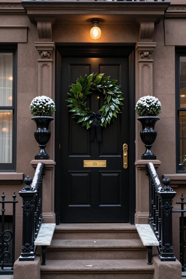 Light blue clapboard house exterior with white trim and a brown paneled wooden front door centered with a large lush green evergreen wreath, brass lantern light to the right, wicker chair with cushions and pillows to the left, doormat, and two galvanized bucket planters with trailing ivy on the concrete porch.