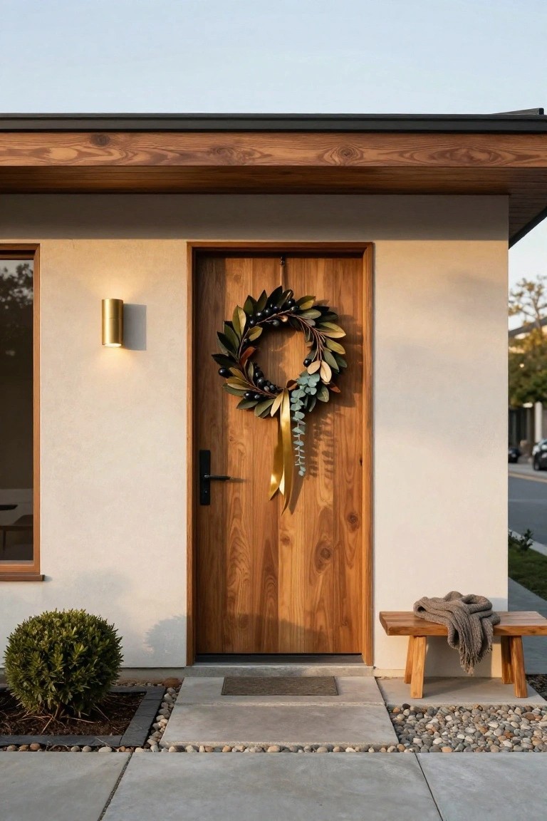 Black front door with a large eucalyptus wreath featuring fairy lights and a white bow, flanked by black wall sconces, potted boxwood plants, and a seagrass doormat on a brick house exterior.