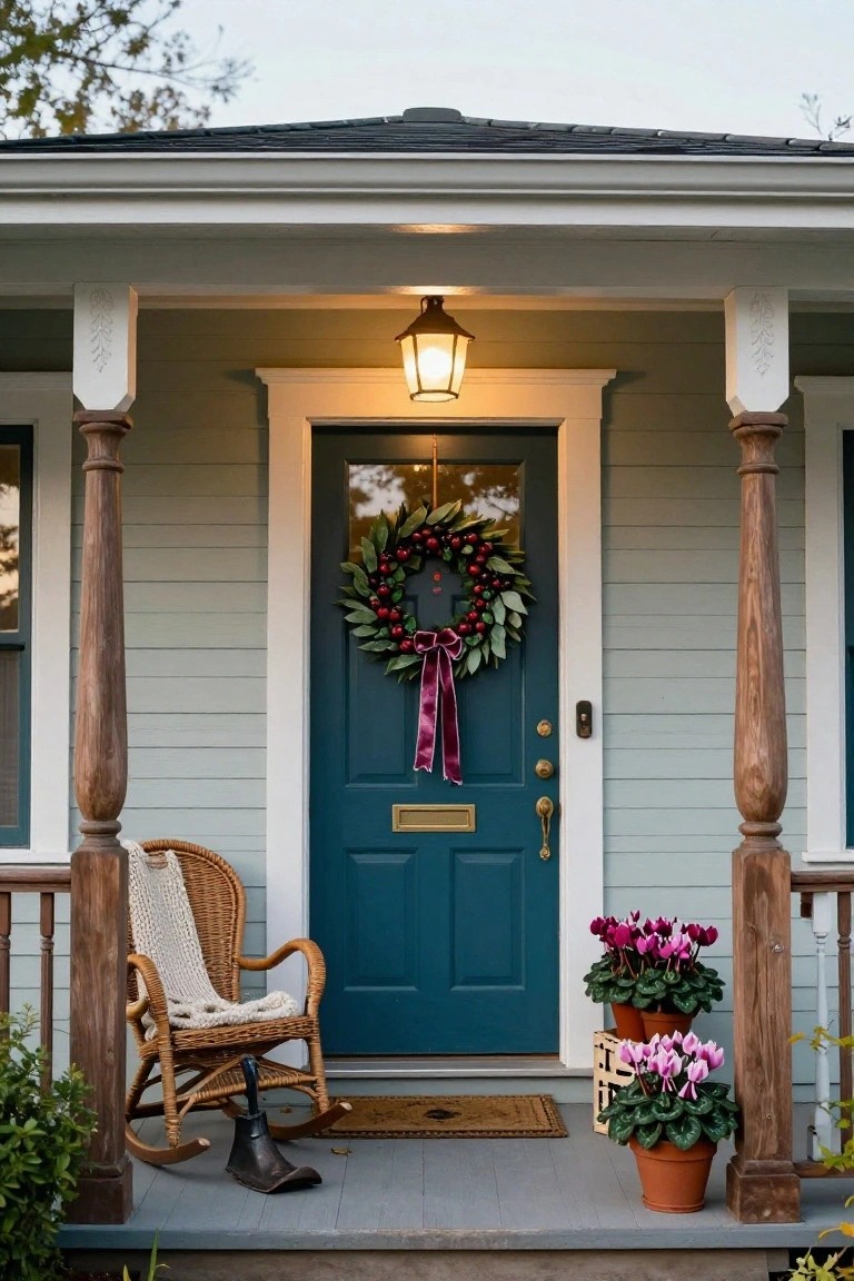 Red front door on a brick townhouse exterior decorated with a large circular evergreen Christmas wreath featuring red berries, berry garlands on black lanterns flanking the door, and matching potted topiary trees in black urns on either side.