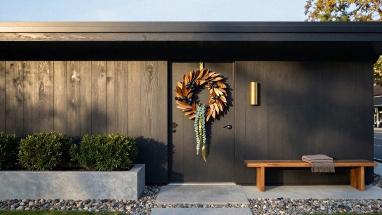 Black front door with a large eucalyptus wreath featuring fairy lights and a white bow, flanked by black wall sconces, potted boxwood plants, and a seagrass doormat on a brick house exterior.