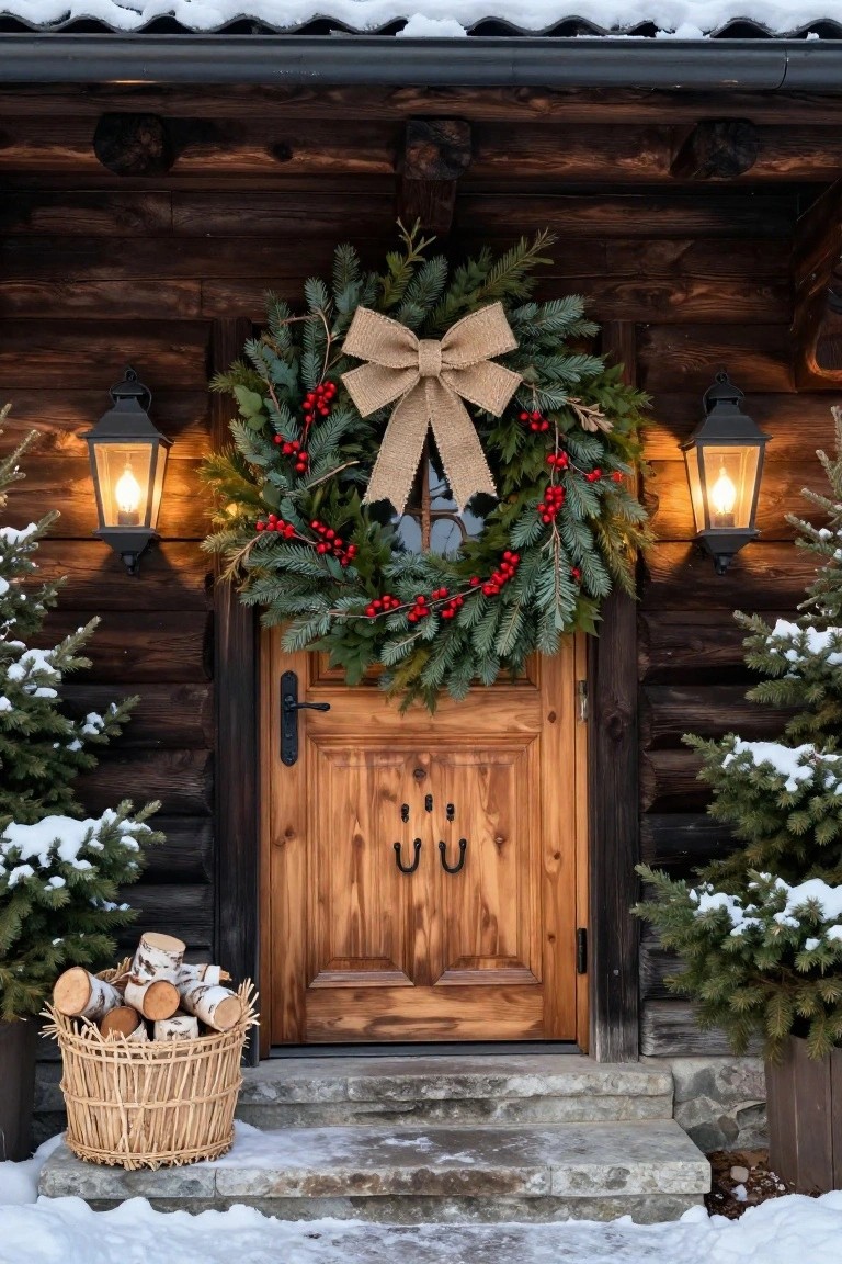 Red front door decorated with a large wreath of green leaves and white flowers, flanked by two snow-flocked trees in black urns, lit lanterns on white columns, brick steps, and a welcome mat at dusk.