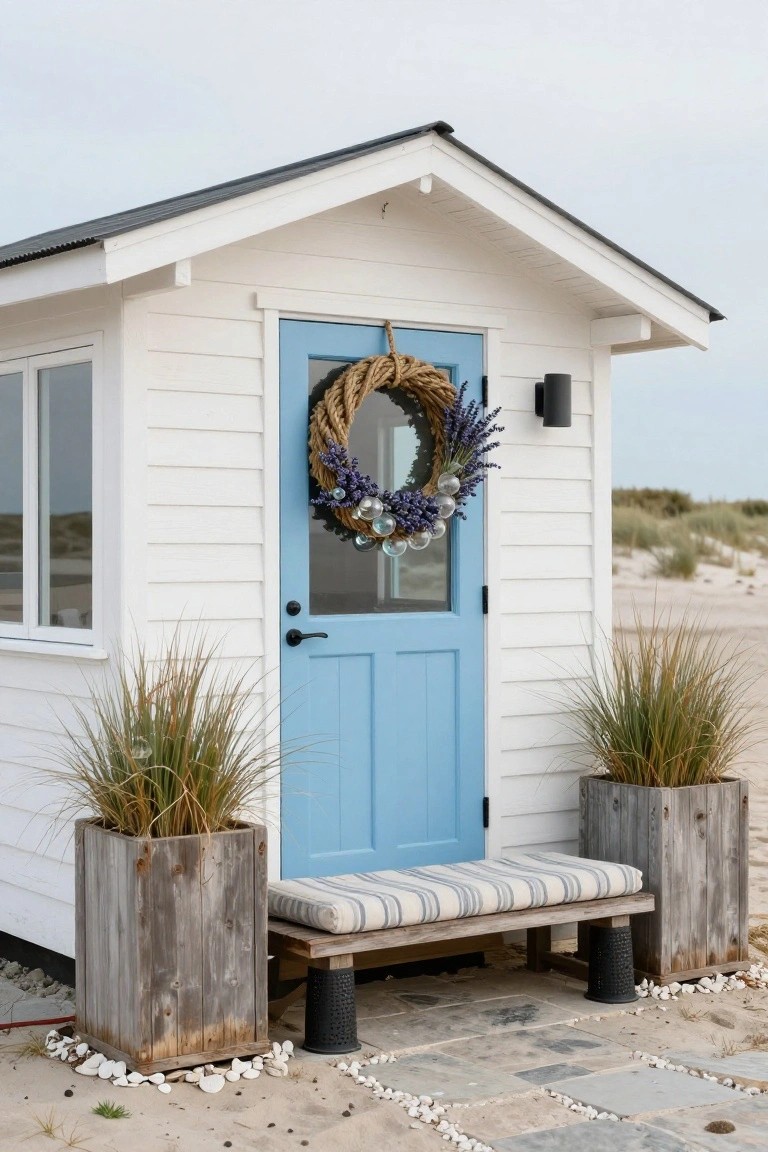 Arched wooden garden gate with green Christmas wreath featuring copper bells, set in stone walls with overgrown vines, potted rosemary plants, wooden 'Drain Flock' sign, and gravel path entrance.