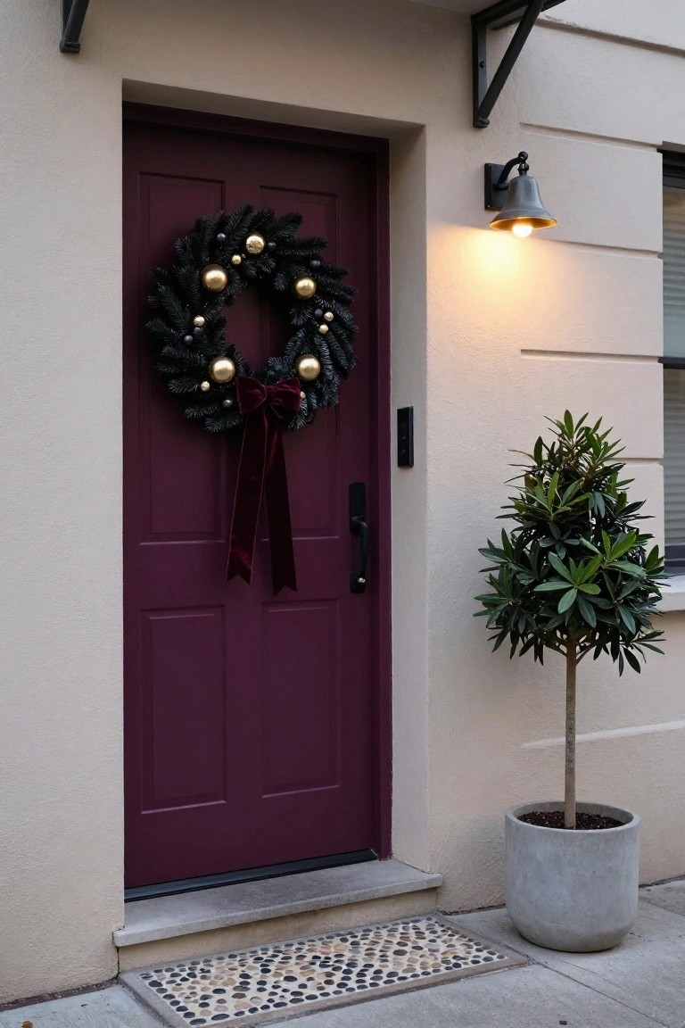 Yellow stucco house wall with dark wooden door featuring a wreath of lemons and leaves, a matching wreath with copper bell on the wall, metal planter of herbs, cushioned bench on stone base, and terracotta tile patio.