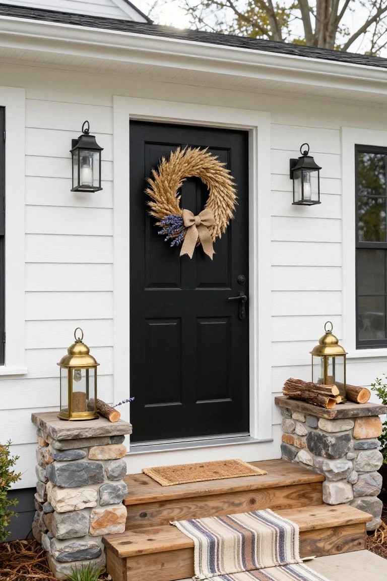 White house exterior with brick arch around navy blue front door decorated with lighted evergreen Christmas wreath, flanked by large cream pots with yucca plants, black lanterns, and woven welcome mat on concrete stoop.