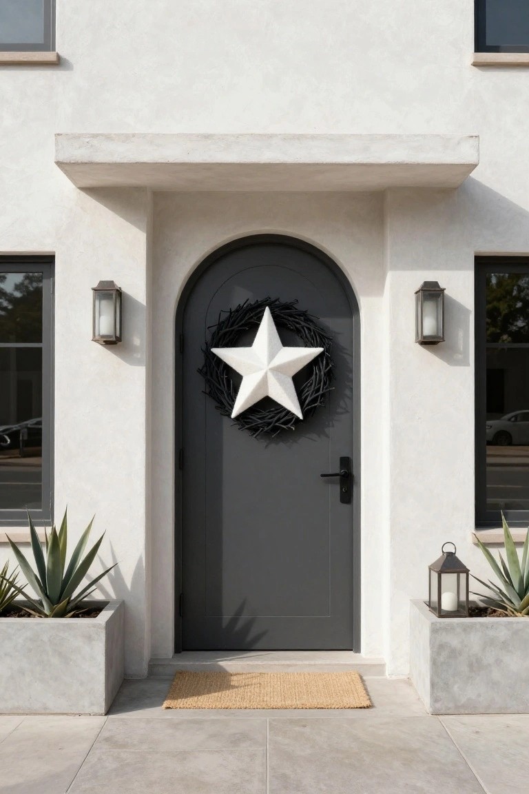 Teal front door with stained glass panels decorated by a wreath of dried peach roses and eucalyptus leaves tied with gray ribbon, purple cyclamen plants in terracotta pots on a black metal bench beside tiled steps and columns.