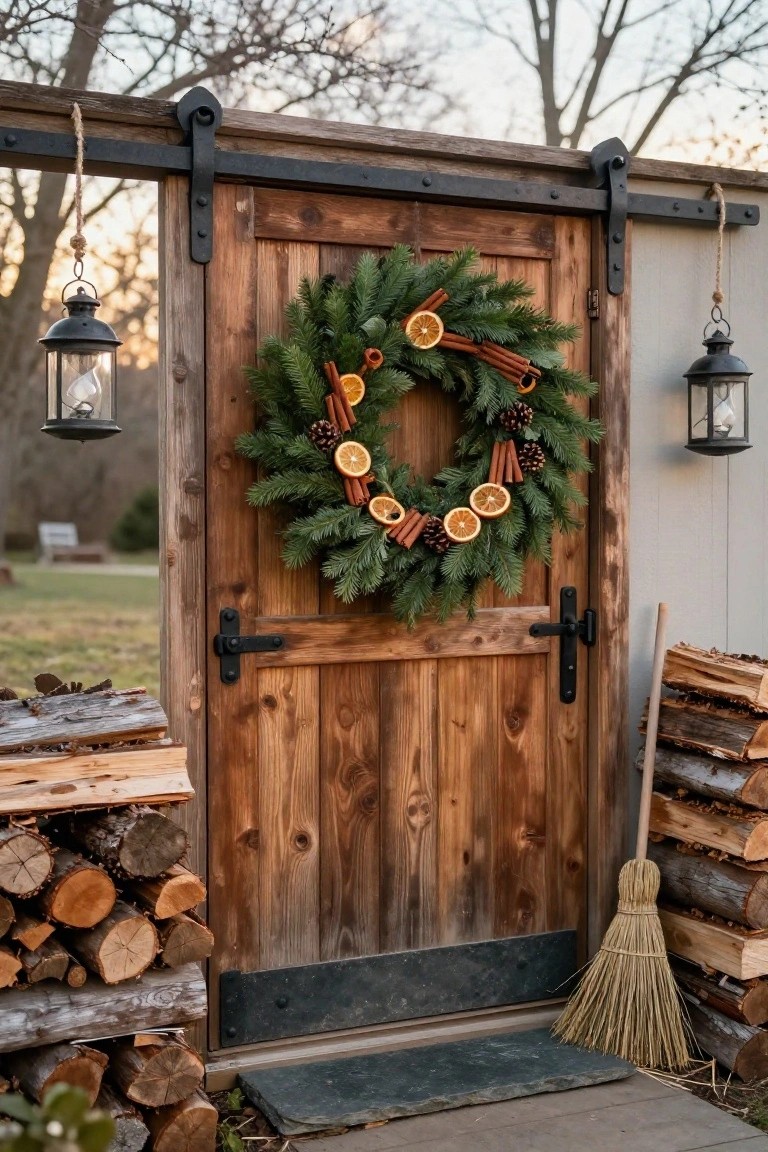 Arched brown wooden door on white stucco exterior wall decorated with green olive leaf wreath, flanked by terracotta pots of lavender plants, brass lantern light, terracotta steps, and gravel ground with olive branches.