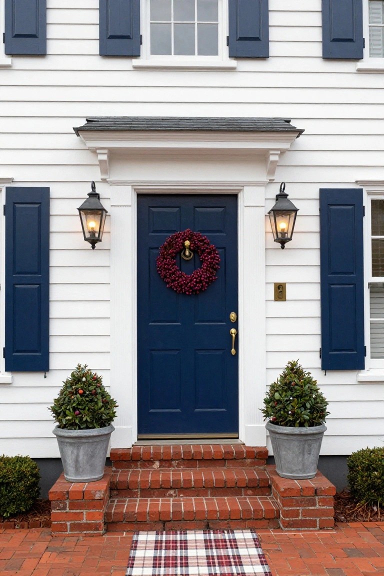Beige stucco house exterior with dark gray front door decorated by a large gold hoop wreath of pampas grass, agave plants in rectangular concrete planter to the left, wooden bench with beige throw to the right, and pebble entry path.