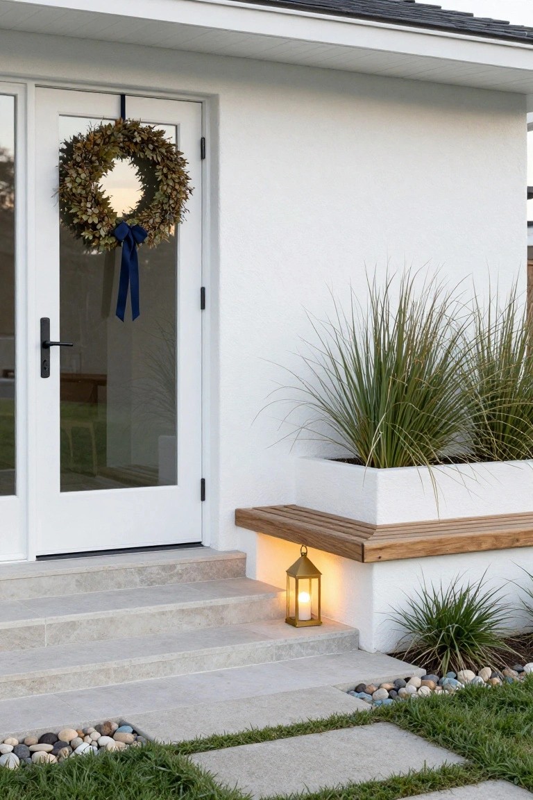 White front door with wreath, lantern-lit steps, and wooden bench with plants.