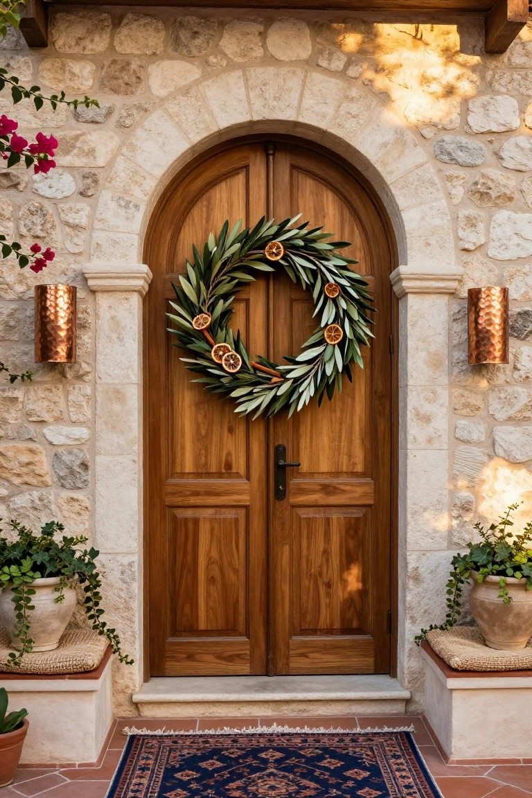 Red wooden barn door with black sliding hardware, decorated with a wreath of twigs and red berries, string lights above, galvanized buckets holding rosemary plants on a wooden crate base, and a wooden pitchfork leaning to the side on stone pavers.