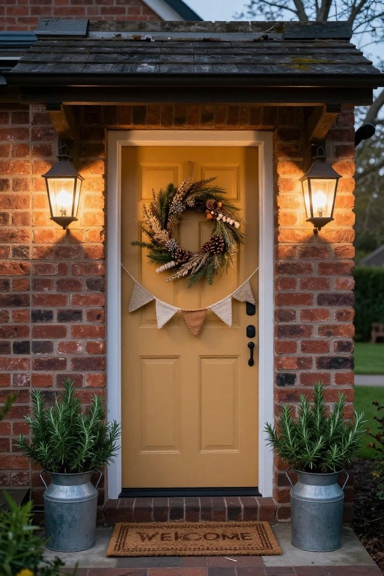 Front door with a wreath of greenery, magnolia flowers, cinnamon sticks, and plaid bow, next to lanterns in a wooden crate, potted trees, and a white wooden sled on a porch.