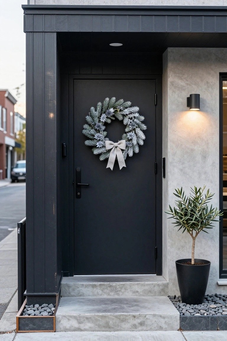 Light oak front door with a lush green moss wreath hung by a leather strap, two tied birch logs stacked to the left, a wicker basket of firewood on the concrete step, black exterior light, and white siding on the house.
