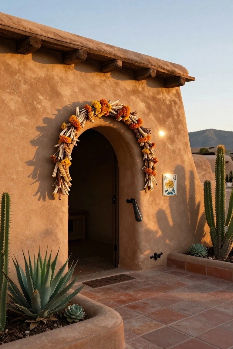 Mint green double front doors decorated with large seagrass wreaths on a white porch, flanked by potted palm plants, with a hanging swing, lanterns, seagrass rugs, and pillows on a concrete stoop.
